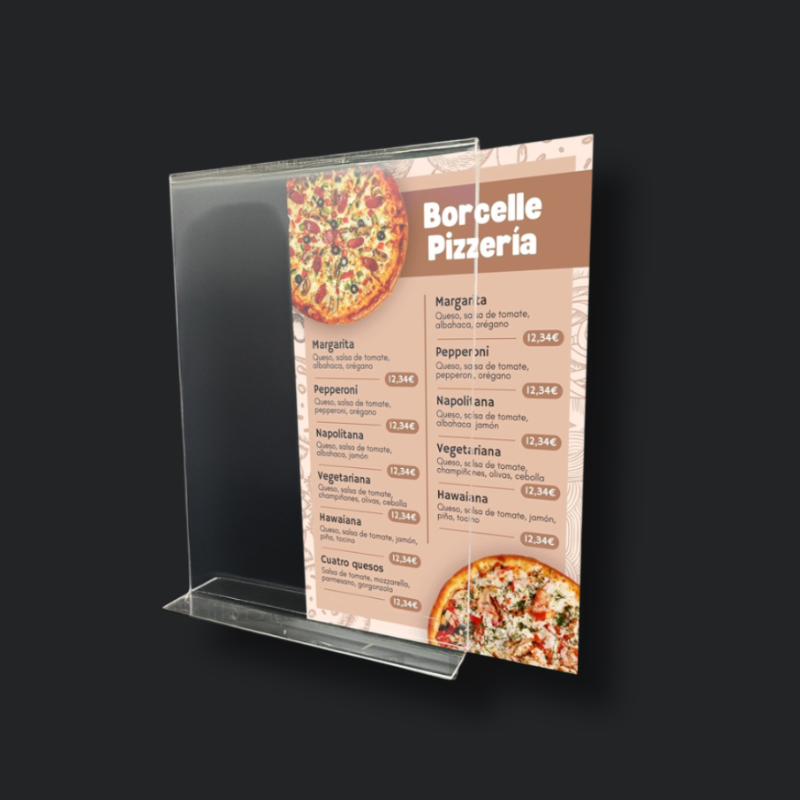 Porta documento vertical tamaño A5 en acrílico transparente, exhibe menú de pizzería, fondo oscuro.