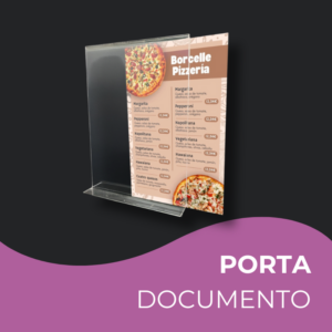 Porta documento vertical tipo T de acrílico transparente exhibiendo un menú, con fondo oscuro.