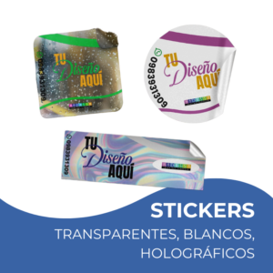 Stickers blancos, transparentes y holográficos que muestran el texto "Tu diseño aquí"