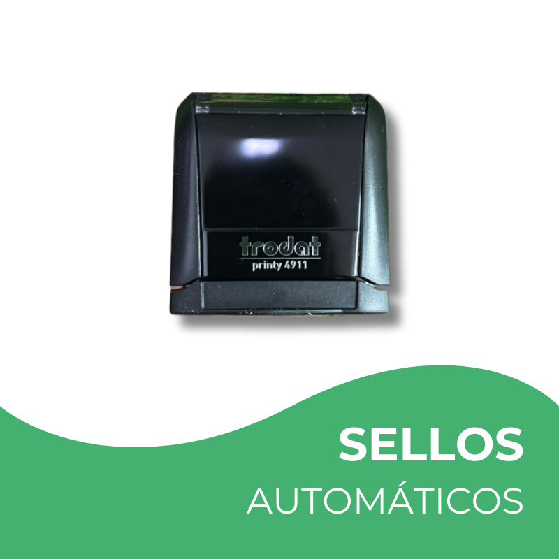 Sello automático color negro, con fondo blanco.