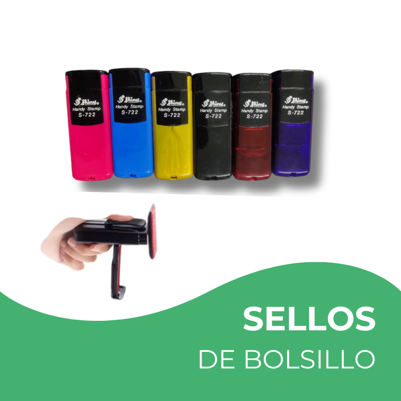 Sello portátil o de bolsillo colores rosa, azul,amarillo, negro, vino, violeta, con fondo blanco.
