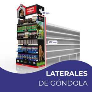 Laterales de góndola publicitarios de 38 × 132 cm en sintra PVC o cartón.