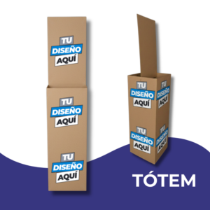 Lateral expositor fourways publicitario en cartón de 38 × 132 cm, elaborado en cartón.