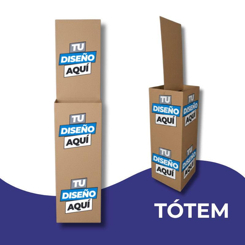Lateral expositor fourways publicitario en cartón de 38 × 132 cm, elaborado en cartón.